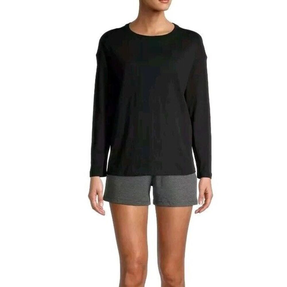 Como Blu Women's Athleisure Slouchy Long Sleeve T-Shirt Crew Neck Black Size L